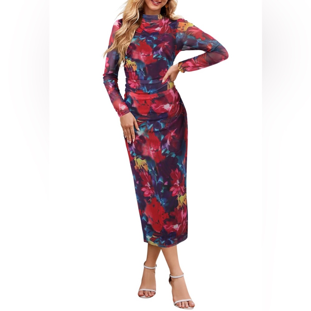 MEROKEETY Women's Floral Dress Multicolor S new mesh sleeves and overlay sexy